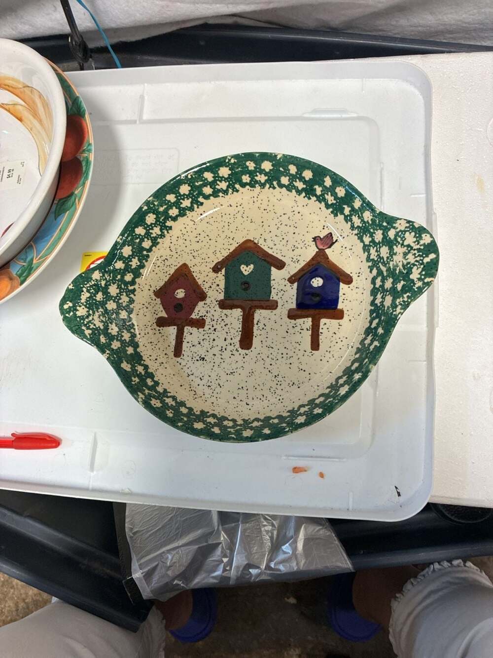 Stoneware Birdhouse Pattern Pie Plate with Green Spongeware Rim